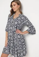 Sukienki - Granatowa Bawełniana Sukienka Rozkloszowana z Falbanką w Ornamentalny Wzór Laneloren - miniaturka - grafika 1