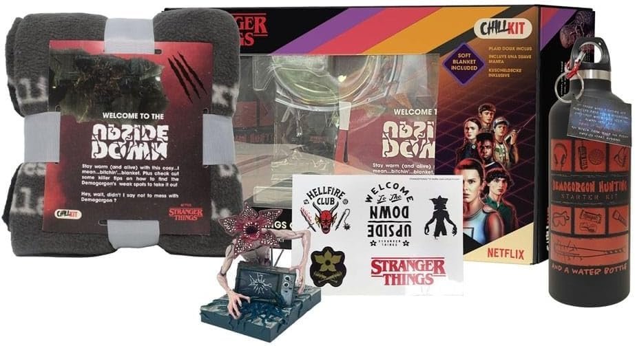 zestaw podarunkowy stranger things figurka demogorgon netflix & chill gift box, butelka, koc, naklejki