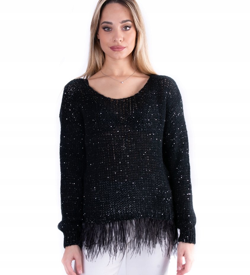 GUESS CZARNY SWETER DAMSKI Z CEKINAMI I PIÓRKAMI DEKOLT OKRĄGŁY XL GXA