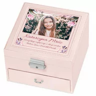 Pamiątka Pierwszej Komunii Świętej - Szkatułka na biżuterię różowa z nadrukiem dla dziewczynki na komunię - miniaturka - grafika 1