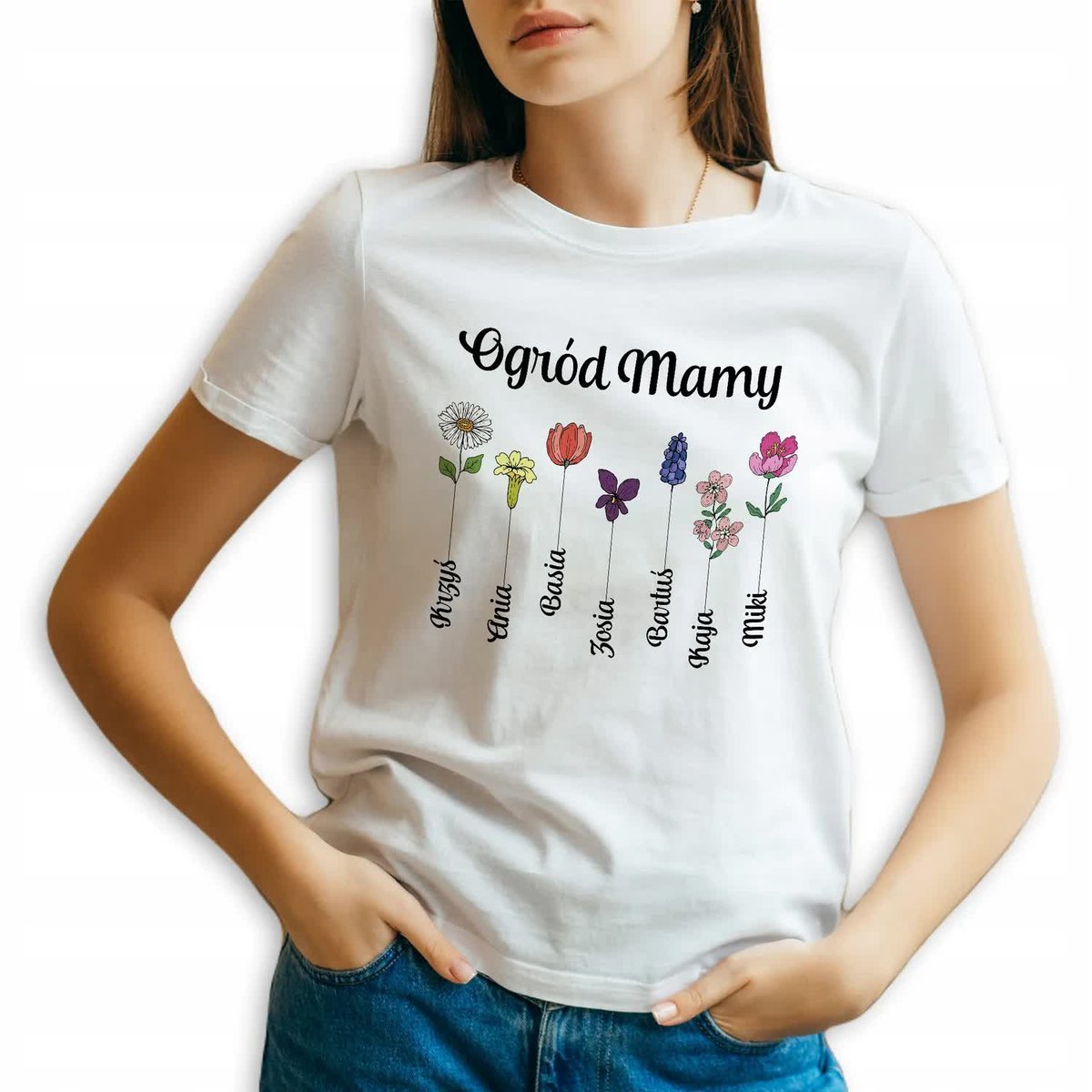 T-SHIRT DAMSKI BIAŁY roz.L Koszulka Damska dla MAMY Kwiaty Imiona Dzieci