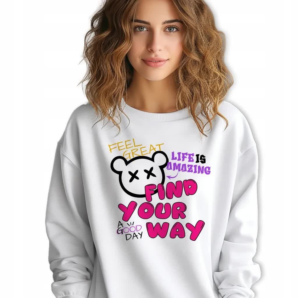 Biała Bluza Damska Dresowa FIND YOUR WAY Stylowa Modna Wzory Rozmiar S