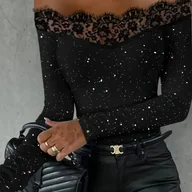 Koszule damskie - TEMU Elegancka Bluzka z Koronką - Top z Odkrytymi Ramionami/Dekoltem z Koronkowym Wykończeniem, Pranie w Praniu Maszynowym, Jednokolorowa Koszula - miniaturka - grafika 1