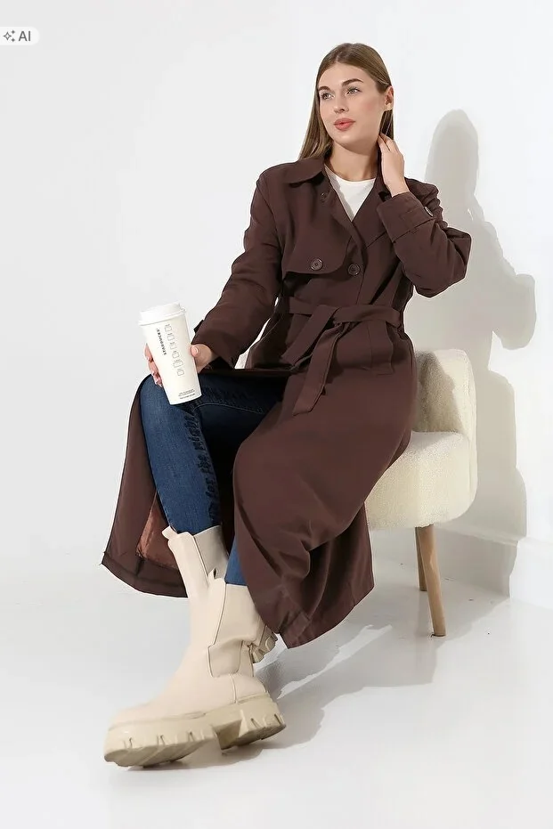 DŁUGI PŁASZCZ DAMSKI WIĄZANY GŁADKI W STYLU ELEGANCKIM 38 5IA