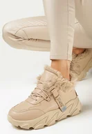 Moda i Uroda OUTLET - Ciemnobeżowe Ocieplane Sznurowane Sneakersy na Grubej Podeszwie z Ozdobnym Futerkiem Visha - miniaturka - grafika 1