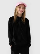 Bluzy dla dziewczynek - 4F Bluza dresowa z weluru rozpinana z kapturem dziewczęca - czarna 128 (7-8 lat) - miniaturka - grafika 1