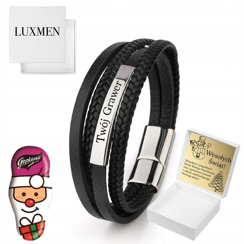 Bransoletka Męska Czarna Skóra Srebrna Z Grawerem Pleciona Skórzana Mocna