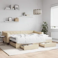 Łóżka - vidaXL Sofa rozsuwana z szufladami, kremowa, 90x200 cm, tkanina - miniaturka - grafika 1