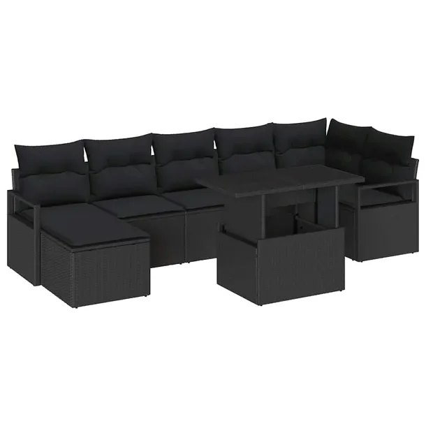 Zestaw 8-elementowy sofy ogrodowej, czarny, naturalny rattan, matowe wykoń