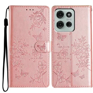 Dla Motorola Moto G75 5G Portfel Etui na telefon Motyl Kwiatowy nadruk Skórzana klapka Pokrowiec - Różowe Złoto Wielobarwny Rose Gold - Portfele - miniaturka - grafika 1