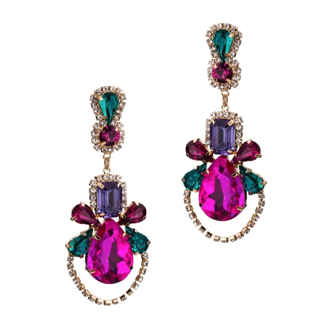 Złote kolczyki FUKSJA zielone kryształki glam kobiece kolorowe cyrkonie