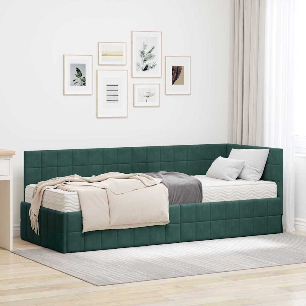 vidaXL Rama Łóżka Narożnego z Materacem 2 pcs Zielony Aksamit