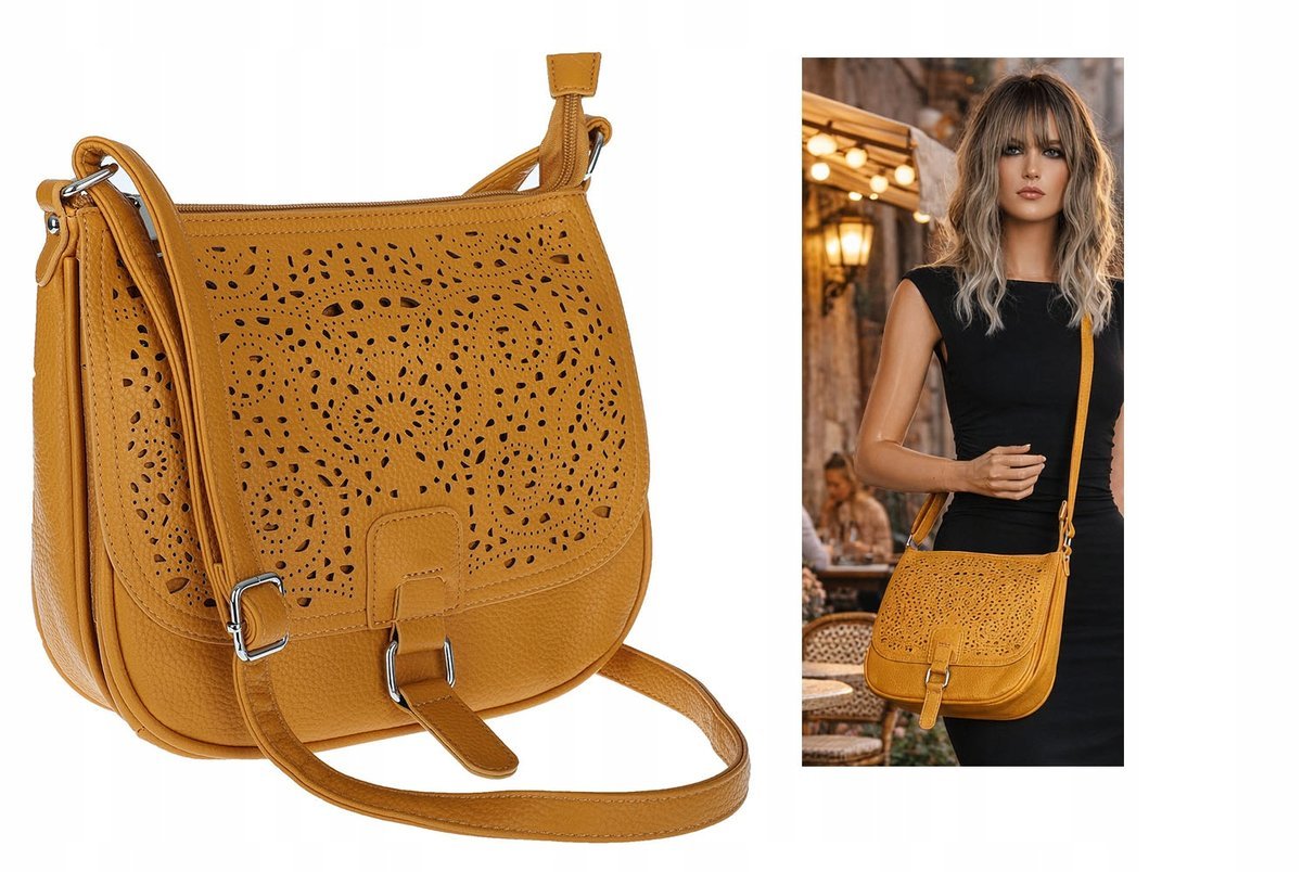 Torebka damska HERISSON pojemna ażurowa Listonoszka 15B322 Żółta