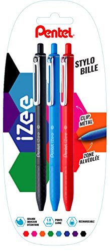 Pentel IZee długopis, wysuwany, z metalowym klipsem, blister de 3 czarny/błękitny/czerwony