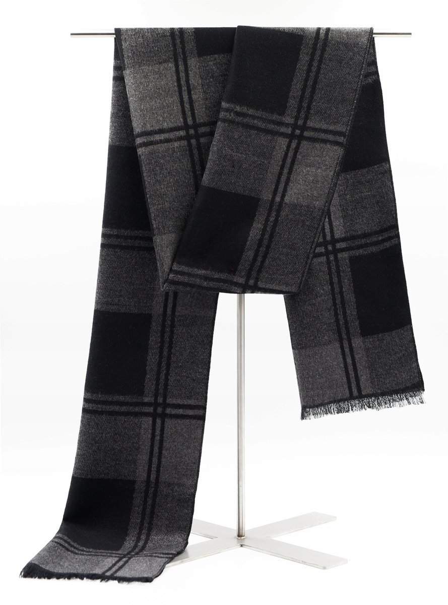 Szal Szalik Męski Grafitowo - Czarna Kratka