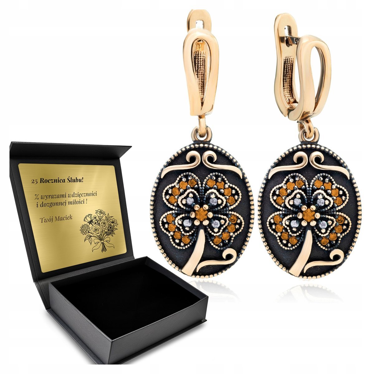 Kolczyki Srebrne 925 Cyrkonie Kwiat Biżuteria Dla Kobiety + Grawer