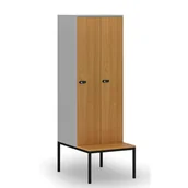Szafy biurowe - Drewniana szafa ubraniowa z ławką, 2-drzwiowa, 1871 x 600 x 500/800 mm, zamek mechaniczny z kodem, szary/buk - miniaturka - grafika 1