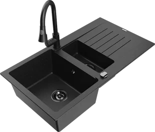Mexen Matias zlewozmywak granitowy 1,5-komorowy z ociekaczem i baterią kuchenną Elia, czarny/srebrny - 6502-73-670101-70-B - Zlewozmywaki z baterią - miniaturka - grafika 1