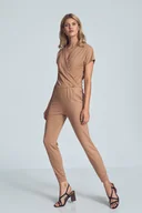 Kombinezony - Wygodny Elegancki KOMBINEZON z marszczonym dekoltem beżowy L - miniaturka - grafika 1