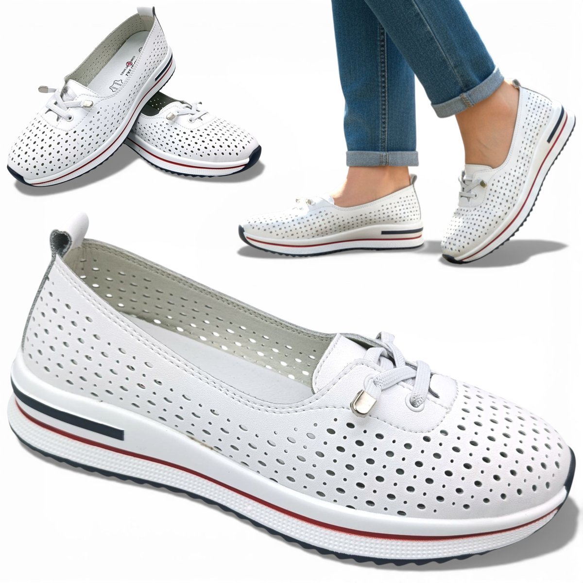 Półbuty Damskie SKÓRZANE Białe Sportowe Ażurowe Oddychające Modne Barski 40