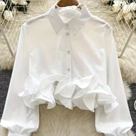 Koszule damskie - TEMU Elegancka Bluzka Damska z Krótkim Rękawem - Długi rąbek, Kołnierzyk i Mankiety w Falbankach, Jednokolorowa Koszula na Śluby, Przyjęcia & Biuro – - miniaturka - grafika 1