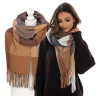 Apaszki i szaliki damskie - Szalik damski duży modny długi szal stylowy ciepły premium zimowy w kratkę Rovicky brązowy granatowy - miniaturka - grafika 1