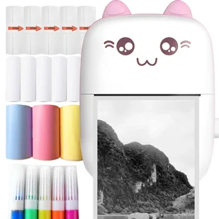 Mini Drukarka Termiczna KOT KOTEK do zdjęć przenośna +13 Rolek + 5 Markerów C28 18in1 - Drukarki kart i etykiet - miniaturka - grafika 1