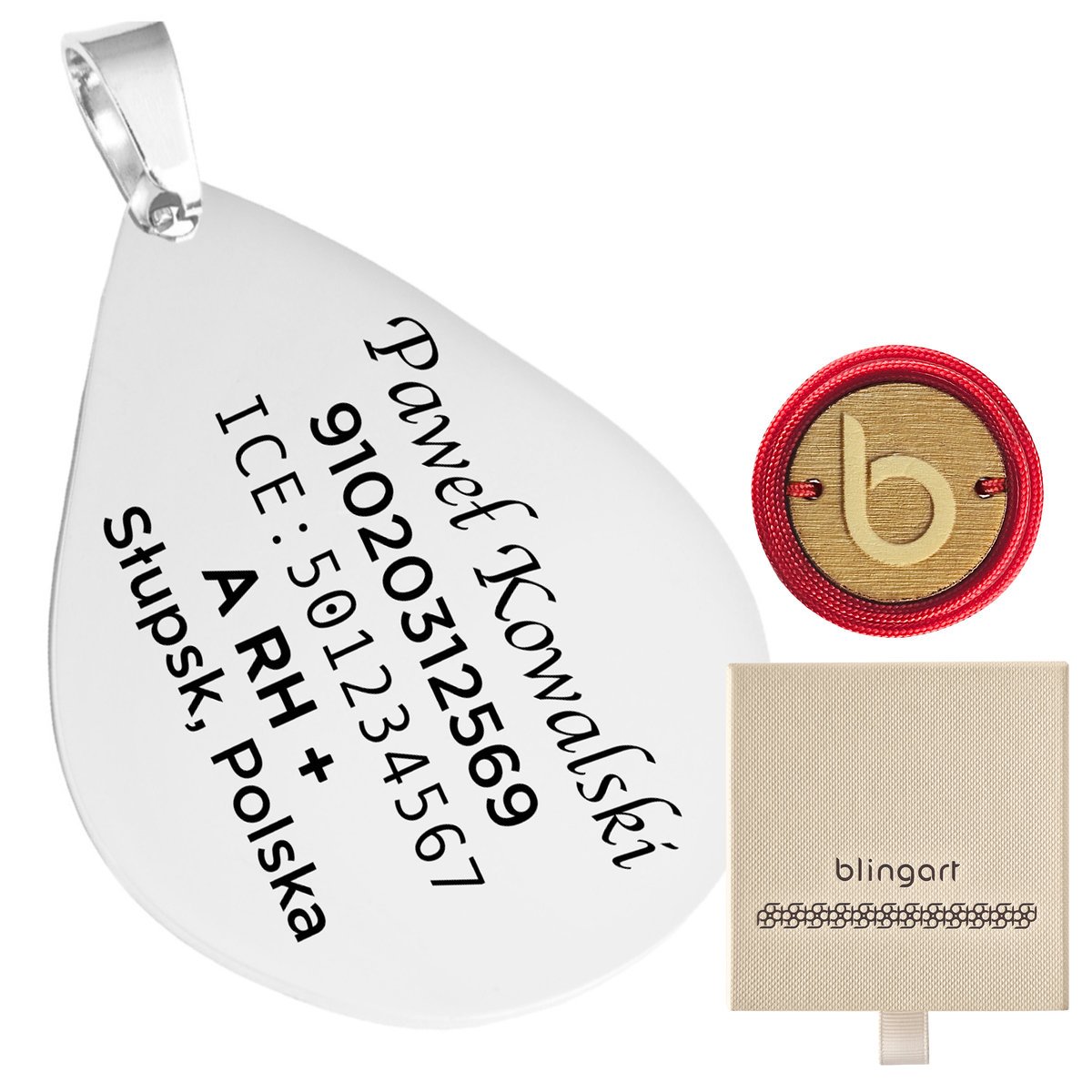 Zawieszka męska grawer łezka z grawerem stal chirurgiczna BLINGART