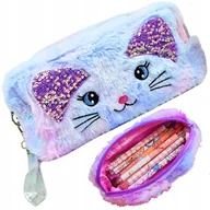 Piórniki - Piórnik Szkolny Dla Dziewczynki Saszetka Kot 3w1Pluszowy Duży Torebka Cekin - miniaturka - grafika 1