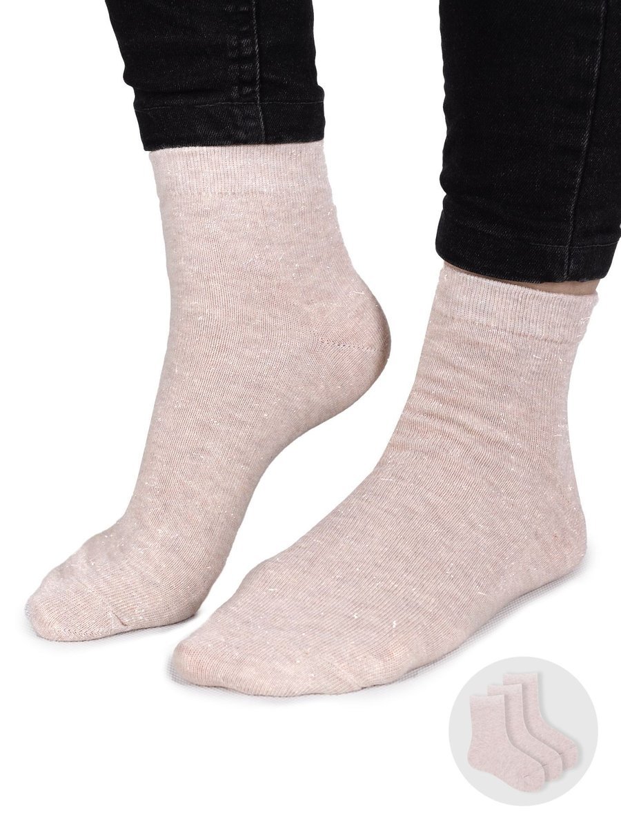 Skarpety dziewczęce gładkie ze srebrną nitką beżowe 3PAK 31-34 YOCLUB