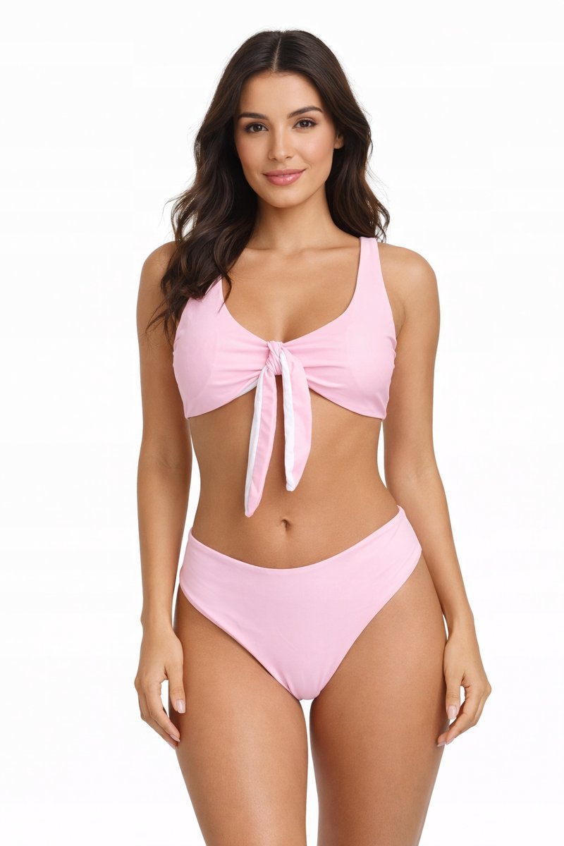 RÓŻOWY DAMSKI STRÓJ KĄPIELOWY DWUCZĘŚCIOWY BIKINI WYSOKI STAN WIĄZANY L