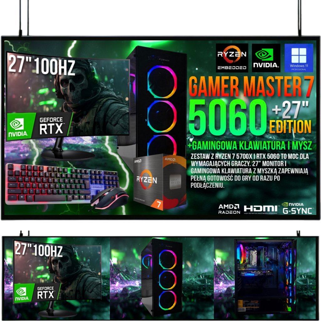 Komputer Adronix ZESTAW GAMER MASTER RYZEN 7 16GB RTX 5060 8GB +MONITOR 27