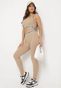 Beżowe Elastyczne Legginsy z Szeroką Gumą w Pasie Rindama - Legginsy - miniaturka - grafika 1