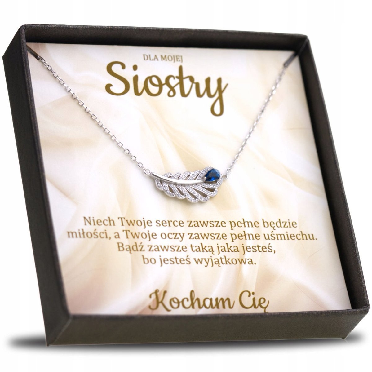 Naszyjnik Srebrny dedykacja dla Siostry Piórko Celebrytka Szafirowa Cyrkoni