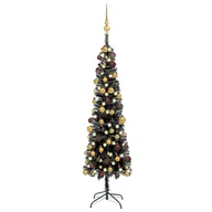 Choinki - vidaXL vidaXL Smukła choinka z lampkami LED i bombkami, czarna, 180 cm - miniaturka - grafika 1