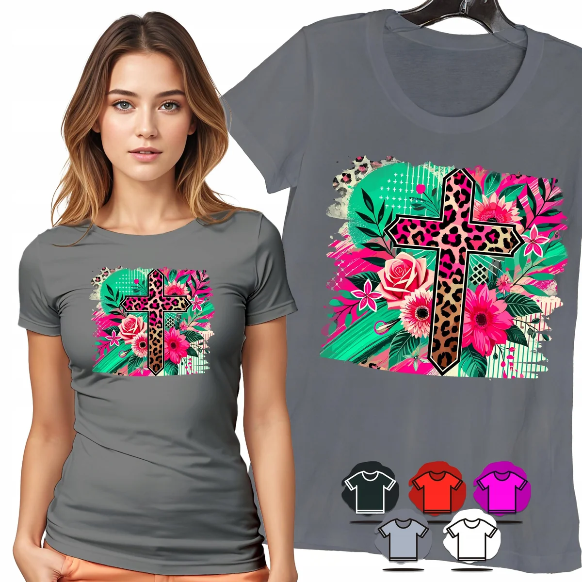 KOSZULKA DAMSKA T-SHIRT - KOLOROWY KRZYŻ KWIATY WIARA MOTYW WZÓR MOC - XS