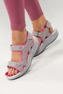 Sandały damskie - Szare sandały damskie sportowe na rzep platforma skórzana wkładka różowe wstawki Casu 2402-5W - miniaturka - grafika 1