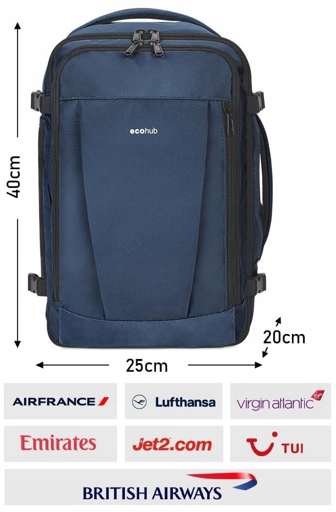 PLECAK PODRÓŻNY RYANAIR TORBA KABINOWA 40x20x25cm 20L DO SAMOLOTU PORT USB
