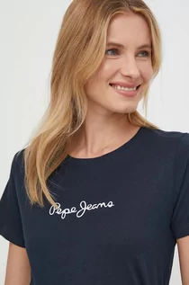 Koszulki sportowe damskie - Pepe Jeans t-shirt bawełniany damski kolor granatowy - grafika 1