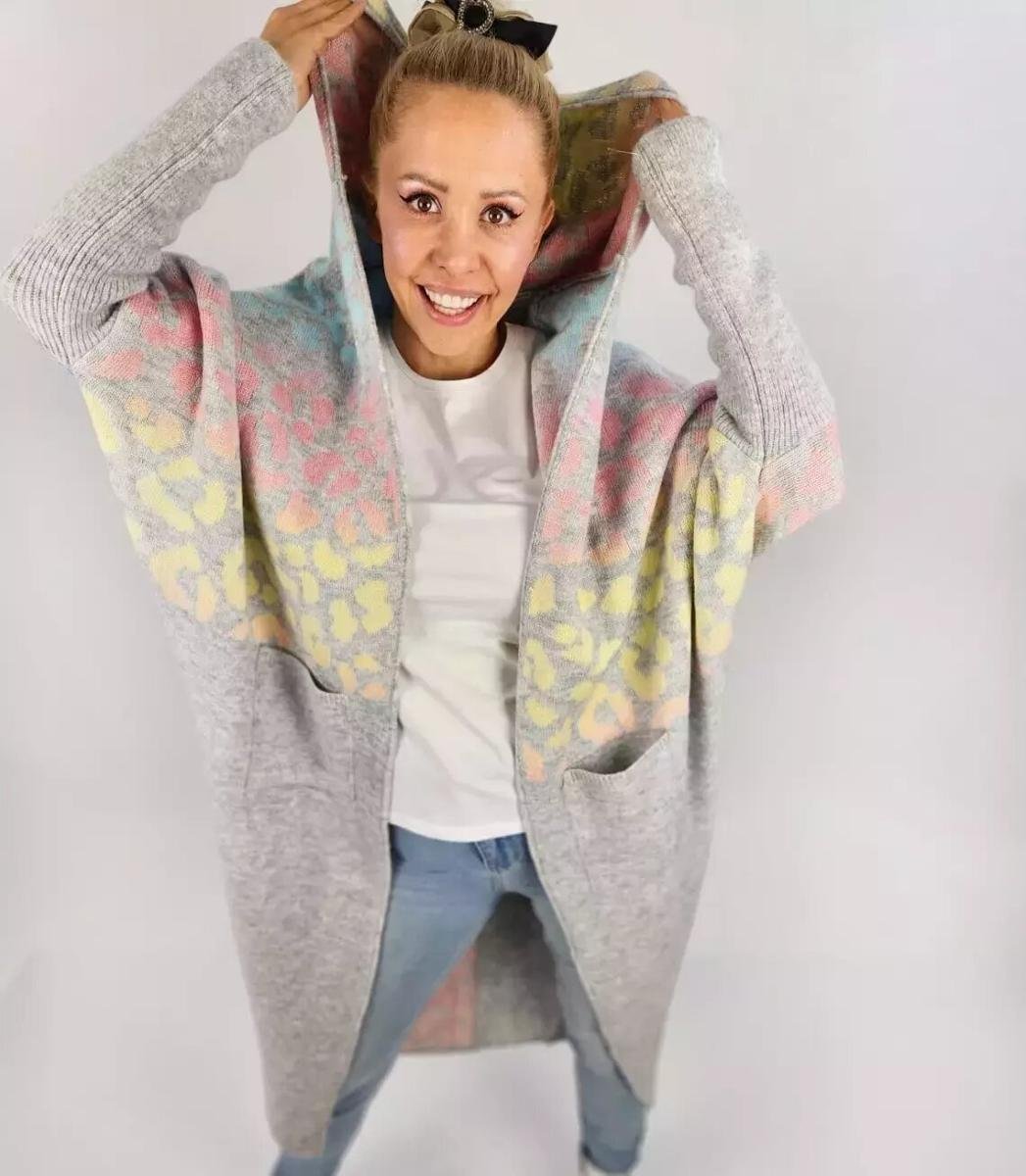 Długi kardigan sweter kolorowa panterka z wełną-S