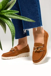 Camelowe mokasyny damskie Sergio Leone na koturnie ozdobny łańcuch PB227-CA - Mokasyny damskie - miniaturka - grafika 1