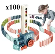 Zabawki interaktywne dla dzieci - Interaktywny Pociąg, Kolejka układająca Domino dla Dzieci - Niebieska 100 klocków - miniaturka - grafika 1