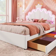 Łóżka dla dzieci i młodzieży - Tapicerowane łóżko dziecięce 140x200 cm - z diodą LED i 2 szufladami - Biały - miniaturka - grafika 1