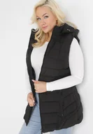 Kamizelki damskie - Czarna Kamizelka Długa Pikowana z Kapturem Meziri - miniaturka - grafika 1