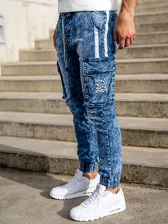 Spodnie męskie - Granatowe spodnie jeansowe joggery bojówki męskie Denley TF053 - grafika 1