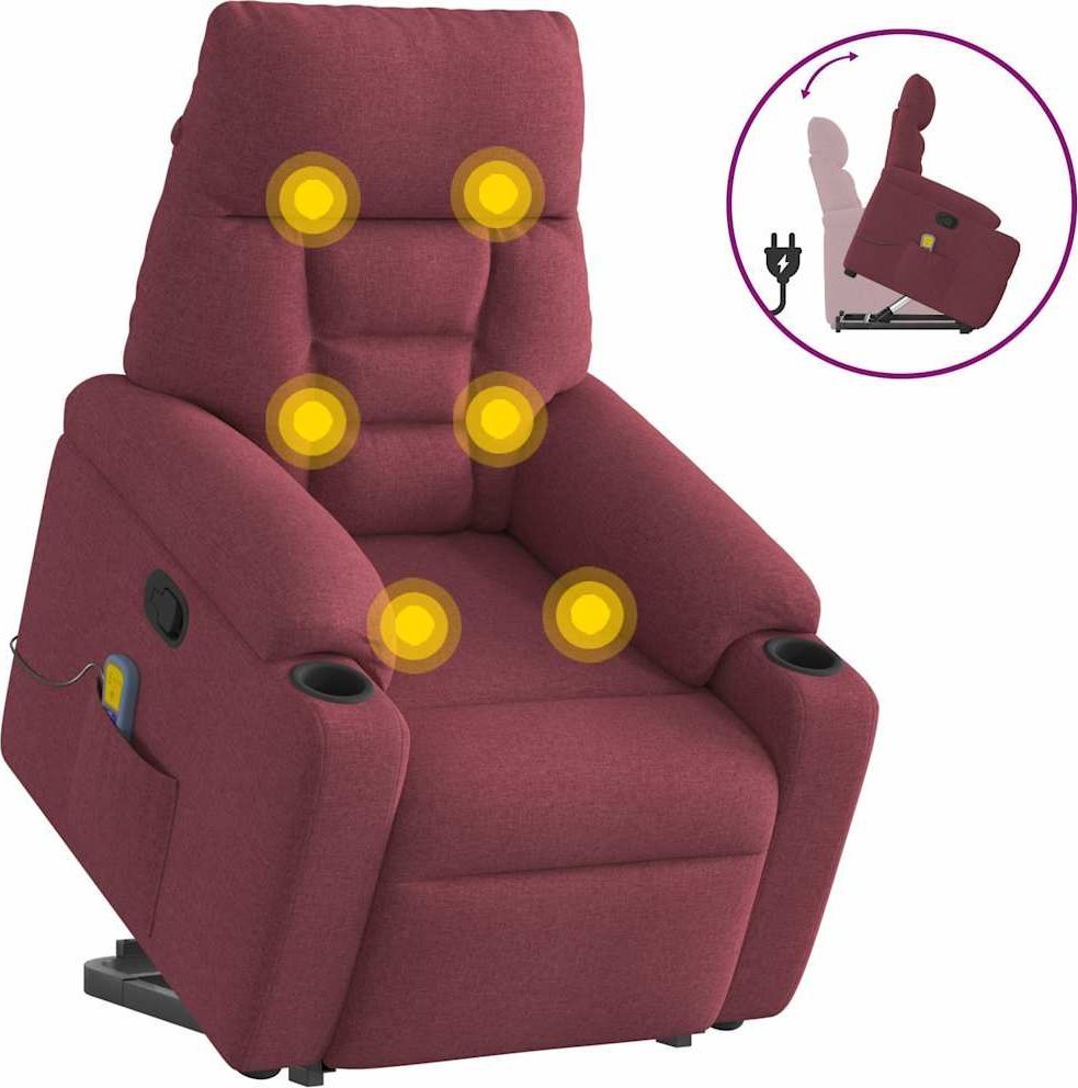vidaXL vidaXL Podnoszony fotel masujący, rozkładany, bordowy, obity tkaniną