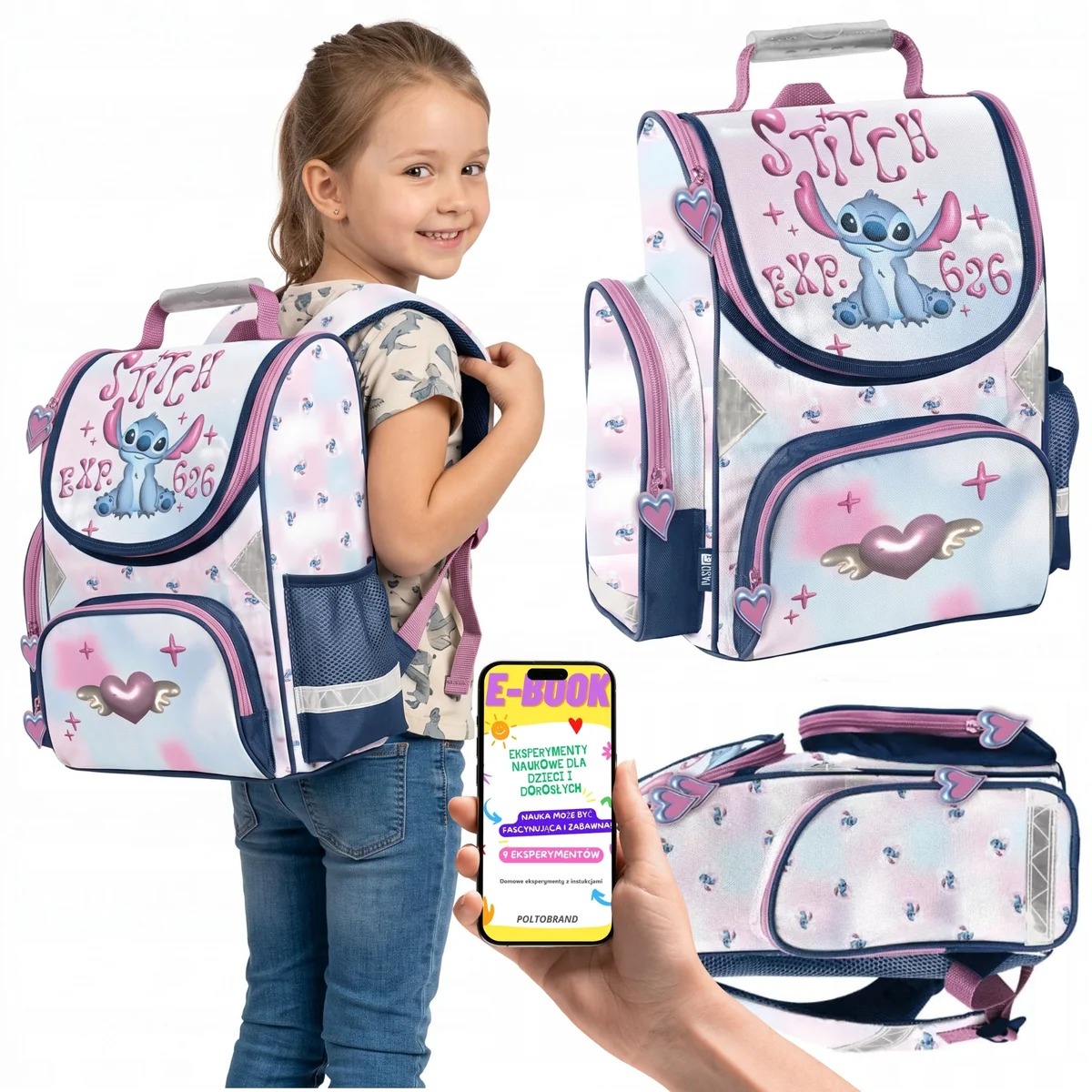 Tornister Szkolny Stitch Serce Biało-Różowy dla Dziewczynki do 1 Klasy + E-BOOK