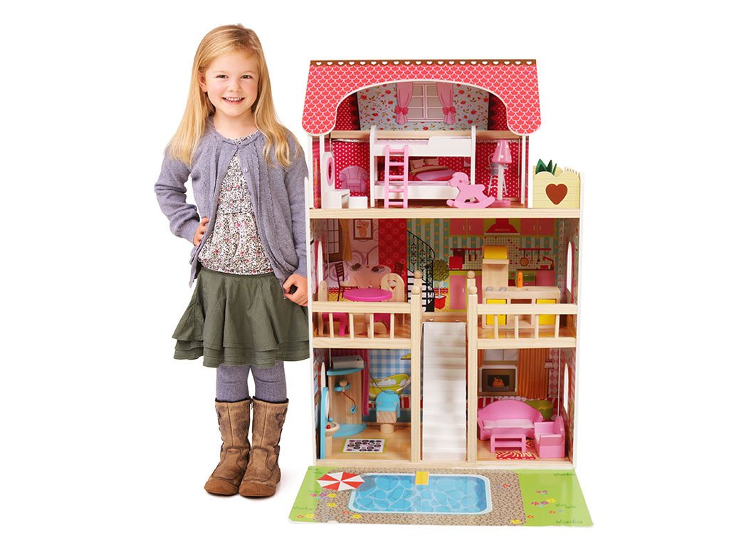 Duży domek dla lalek z basenem Stacy 16 szt. akcesoriów Łóżko piętrowe 3 piętra 90 cm