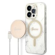 Etui i futerały do telefonów - Guess Zestaw GUBPP14LHMEACSH Case+ Charger iPhone 14 Pro 6,1" biały/white hard case Marble MagSafe - miniaturka - grafika 1
