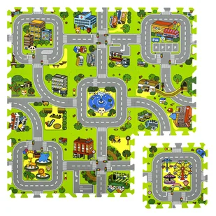 Humbi Mata edukacyjna Grube Puzzle piankowe 31,5 x 31,5 x 1 cm 9 elementów Kolorowe Ulice Miasto Uliczki Budynki Domy Domki - Maty piankowe - miniaturka - grafika 1
